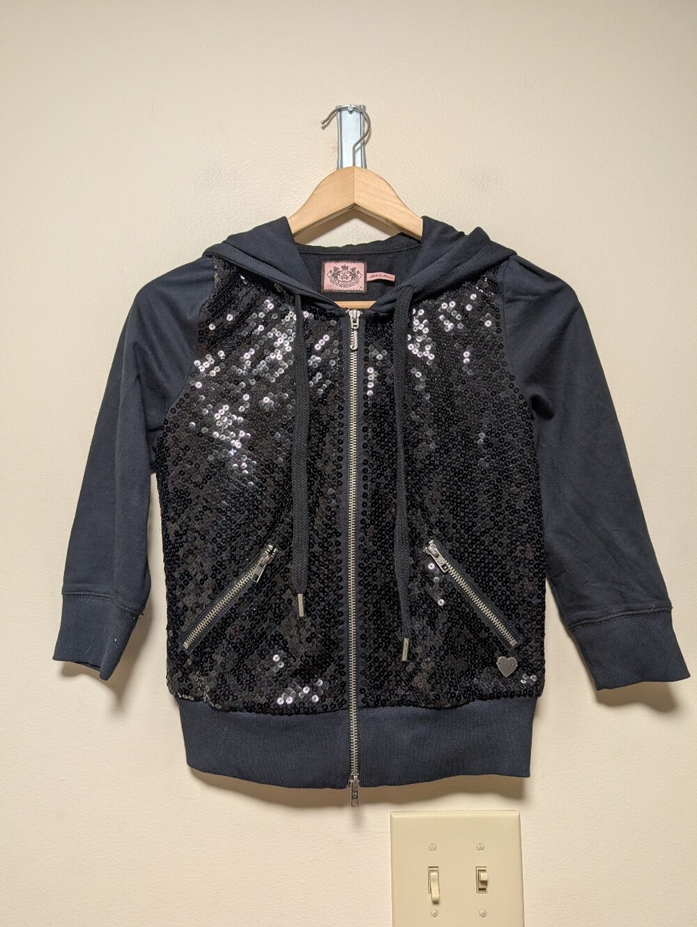 Juicy Couture Y2K 2009 Black Sequin Zip Hoodie Jacket Size M